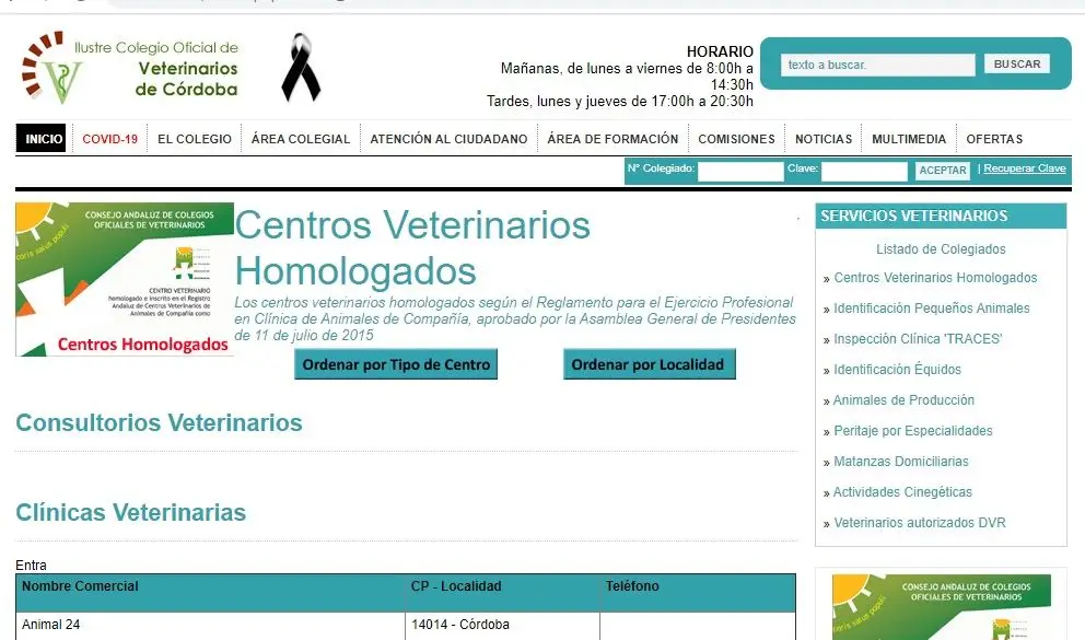 Pçagina web Colegio Veterinarios Córdoba